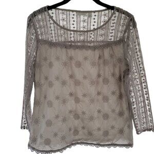 Hinge Grey Blouse Embroidered & Lace Accents Size XS